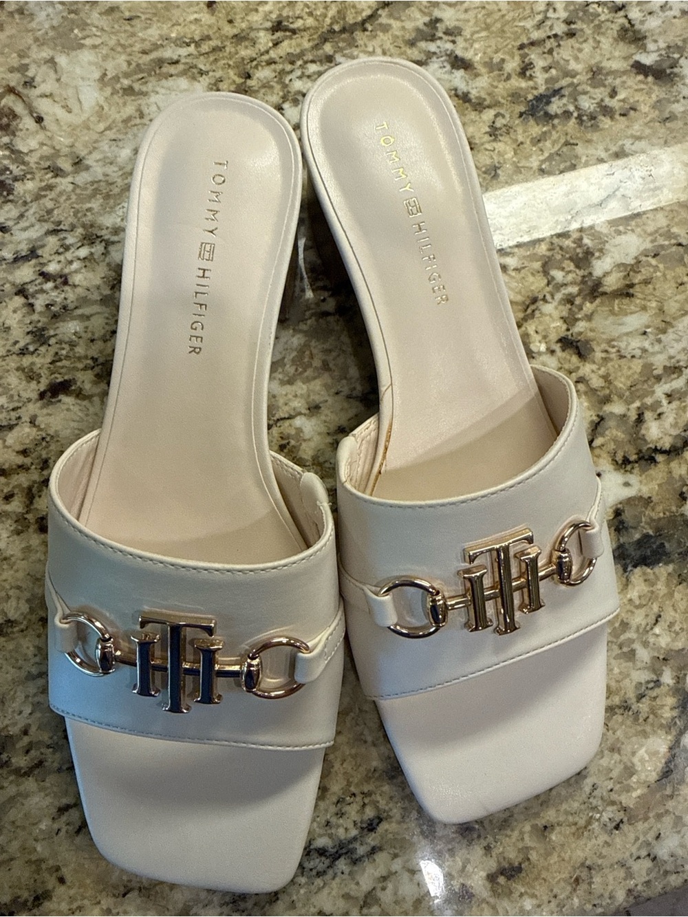 Tommy Hilfiger Cream Slide Mules with Gold Accent